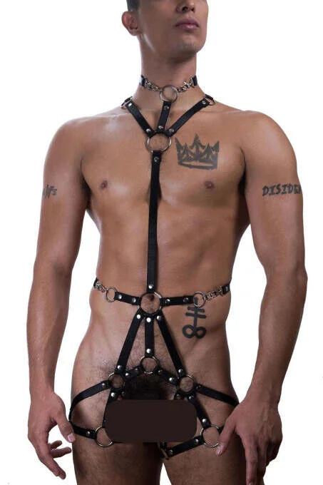 Black faux leather full body harness with silver O-rings and chain collar on male model