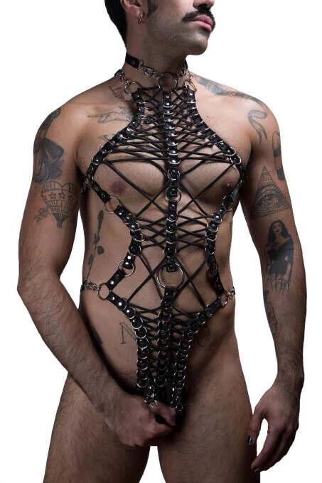 black faux leather full body harness geometric crisscross straps with silver O-rings and integrated collar on male model