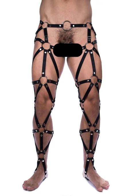 Black faux leather full leg harness with silver O-rings and geometric strap pattern on male model