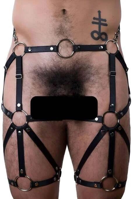 black faux leather full body harness with five gold O-rings, adjustable waist and thigh straps, cross-strap leg band detail