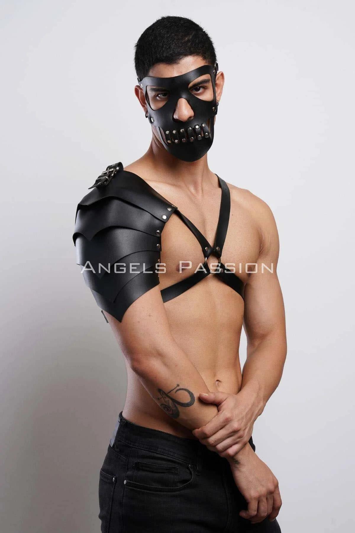 black faux leather single shoulder armor pauldron harness with silver stud face mask set front view