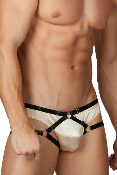 cream satin mens harness brief with black faux leather cross straps and gold O-ring accents front view