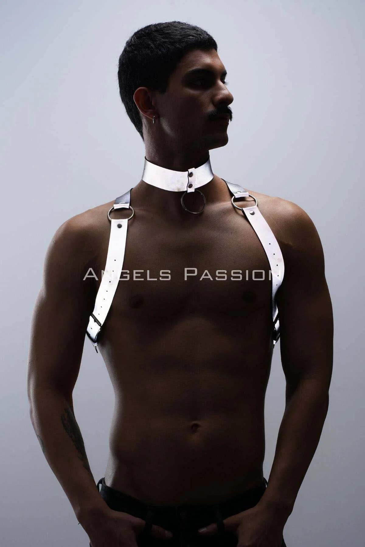 White reflective faux leather body harness and choker set with silver O-rings worn by male model