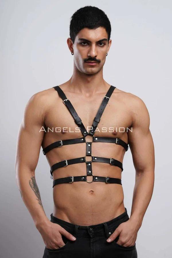 black faux leather adjustable chest harness multiple straps silver O-ring buckles worn by male model