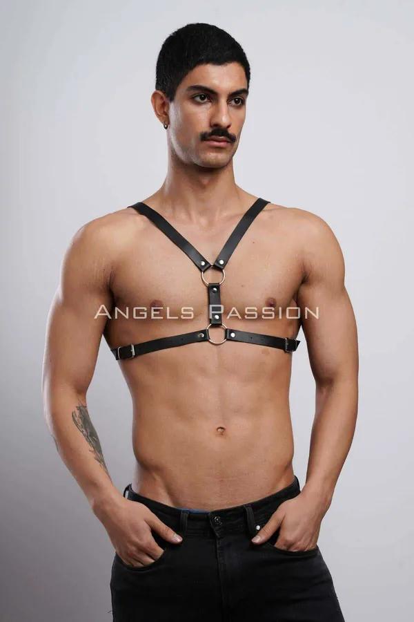 Black faux leather mens chest harness with dual silver O-rings and adjustable Y-strap configuration
