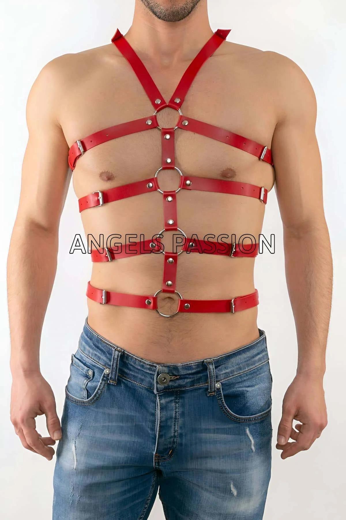 Red faux leather adjustable body harness with three silver O-rings and horizontal buckle straps on male torso