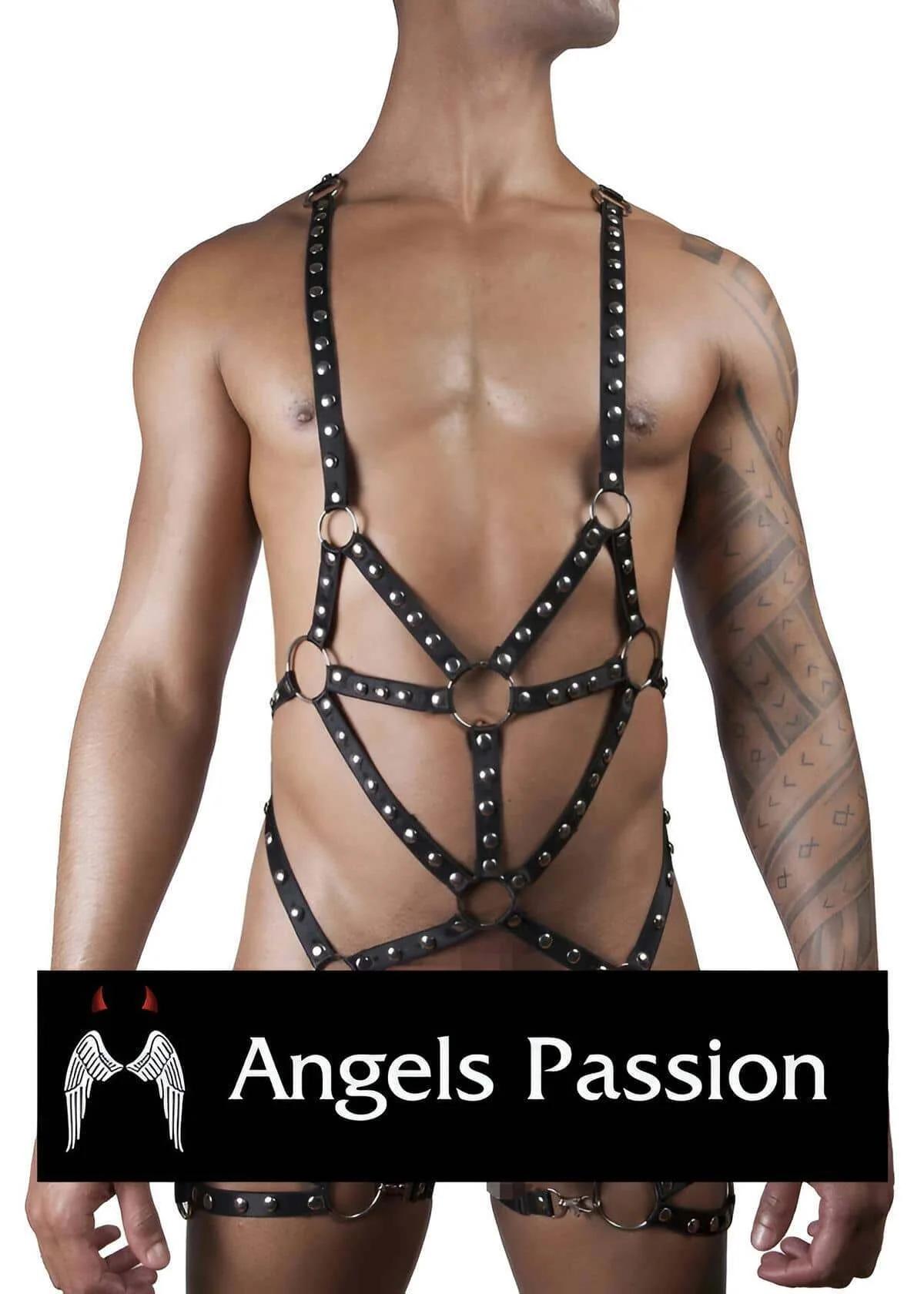 Black faux leather studded body harness with five silver O-rings and geometric cage strap layout on male torso