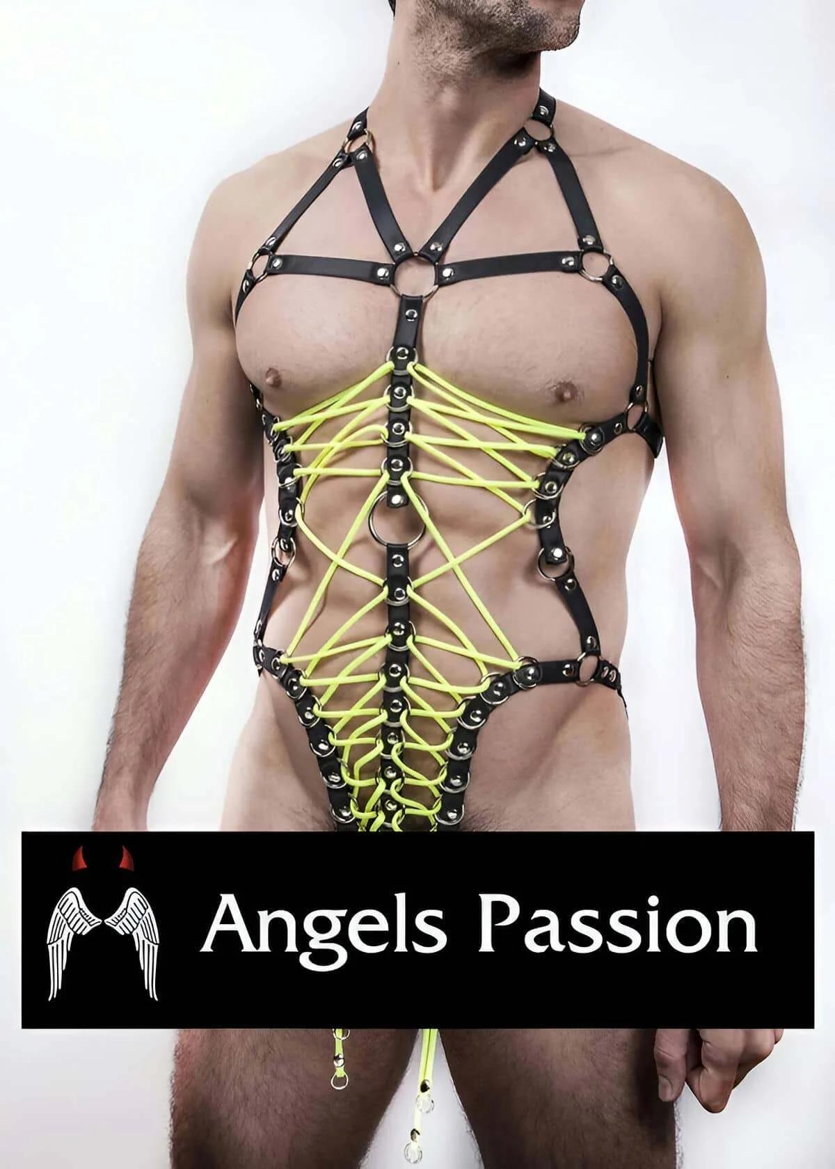 black faux leather full body harness with neon yellow criss-cross lacing and silver O-rings on male torso