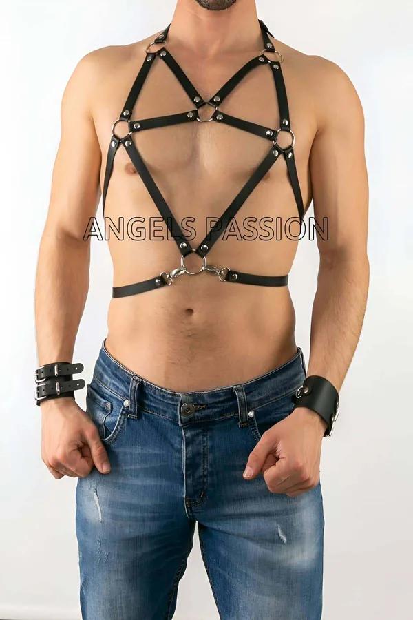 black faux leather pentagram chest harness with five silver O-rings and dome studs on male torso