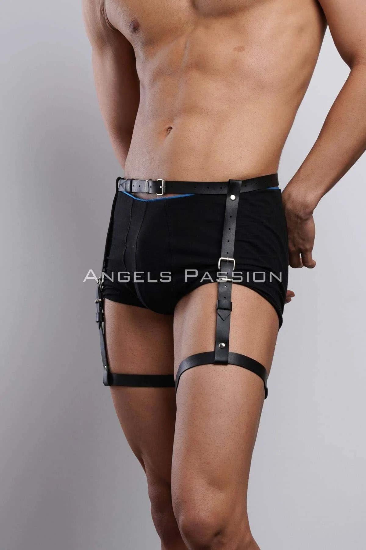 Black faux leather leg harness set with waist belt and thigh strap, silver buckles, worn on one leg