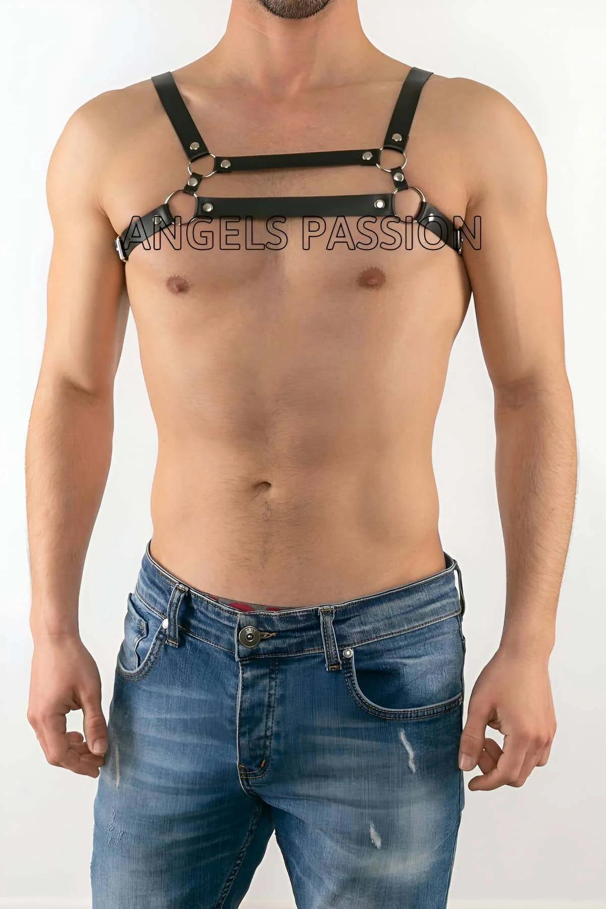 black vegan leather mens chest harness with two parallel horizontal straps and silver O-rings worn on bare torso