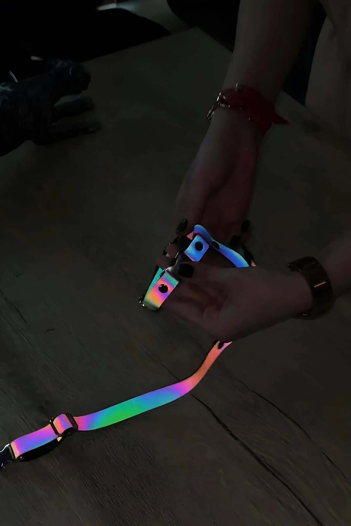 Rainbow reflective body harness iridescent multicolor straps with silver buckles and D-rings
