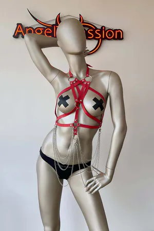 Red Sexy Erotic Harness Over Chest