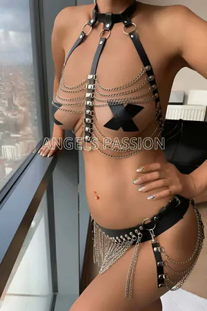 Stylish Leather Set with Chain Bra and Chain Skirt