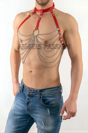 Men's Leather Chest Harness with Chain, Men's Harness with Chain - APFTM74-K1