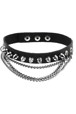 Leather Choker with Nail Detail, Spiked and Chain Collar - APFT975