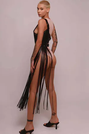 Tasseled Leather Jacket Harness, Tasseled Sexy Leather Harness - APFT1014