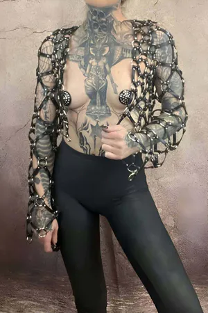 Cross Design Long Sleeve Leather Crop Tie-up Bustier Harness- APFT1076