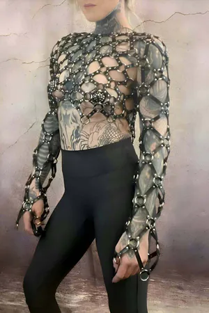 Cross Design Long Sleeve Leather Crop Tie-up Bustier Harness- APFT1076