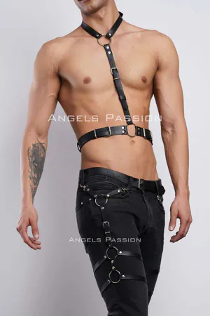 Men's Garter and Chest Harness, Leather Men's Leg Harness, Leather Chest Harness, Partywear, Clubwear - APFTM202