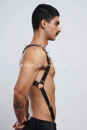Nail Detailed Men's Chest Harness, Men's Clubwear, Leather Men's Harness - APFTM203