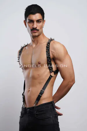 Nail Detailed Men's Chest Harness, Men's Clubwear, Leather Men's Harness - APFTM203