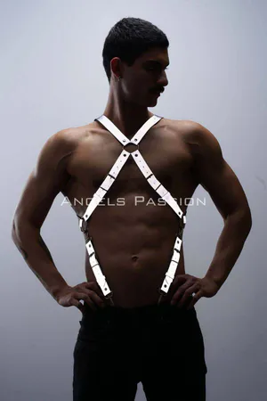 Reflective (Glow in the Dark) Trousers Suspenders, Reflective Clubwear, Chest Harness - APFTM84