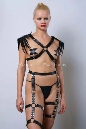 Sexy Garter Set with Tassels on the Shoulders, Whip Leather Garter Set - APFT1344