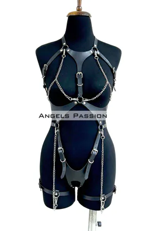 Leather Body Harness, Fancy Underwear with Chain and Cuffs - APFT1098