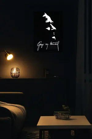 Ataturk Painting, Ataturk Painting Signed by Gazi Mustafa Kemal Reflected in the Dark on Reflective Leather