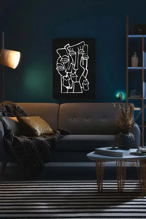 Abstract Faces on Reflective Leather, Stylish Painting Reflected in the Dark
