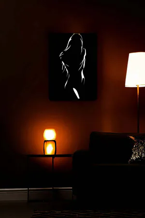 Decorative Painting with Reflective Female Figure and Black Leather Background