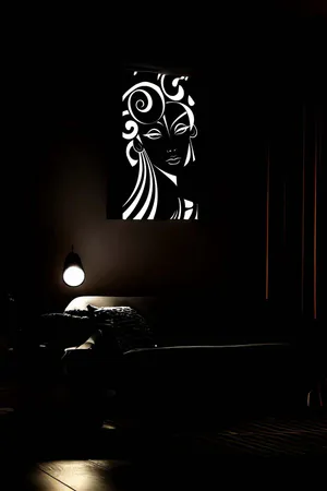 Modern Painting with Reflective Stylized Female Figure and Black Leather Background
