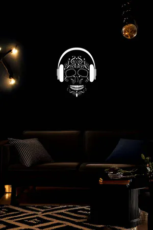 Reflective Decorative Sugar Skull Leather Painting with Headphones