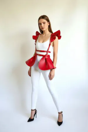 Red Skirt Leather Flounce Shoulder Peplum - APFT1001