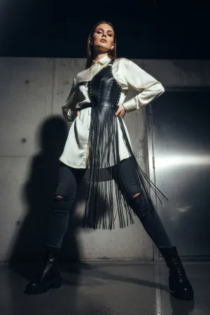 Black Skirt with Leather Studs and Asymmetrical Tassels - APFT1014