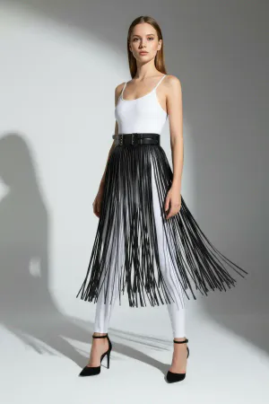Black Skirt Leather Long Skirt with Thin Stripe Detail - APFT1090