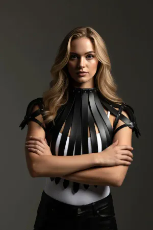 Black Women's Belt Stripe Detailed High Collar Studded - APFT1257