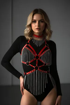 Red Body Harness Women's Leather Chain Detailed Body Accessory - APFT1397