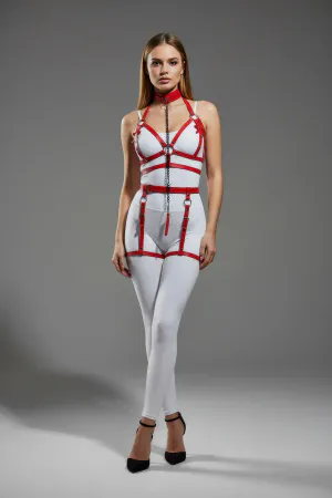 Red Harness Suit Chain Detailed Leather Body Belt Set - APFT457