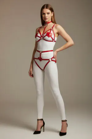 Red Harness Suit Leather Body Accessory with Buckle Choker Detail - APFT467