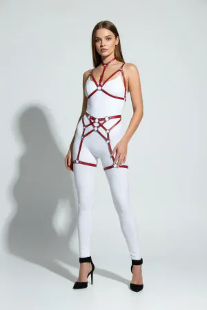 Red Garter Harness Leather Ring Detailed Neck Collar Body Accessory - APFT507