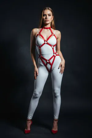 Red Body Harness with Leather Buckle and Metal Ring Detail - APFT514