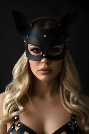 Black Mask Leather Cat Ears Party Accessory - APFT557