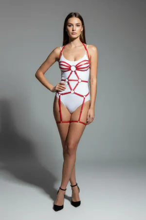 Red Body Harness Shiny Leather Body Accessory with O Ring Detail - APFT568