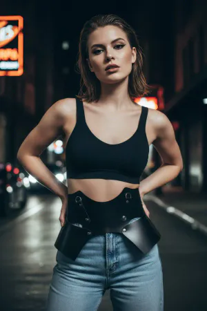 Black Women's Belt Thick Leather Corset Waist Accessory - APFT619