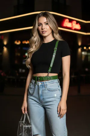 Green Women's Belt Leather Chain Detailed Body Belt - APFT620