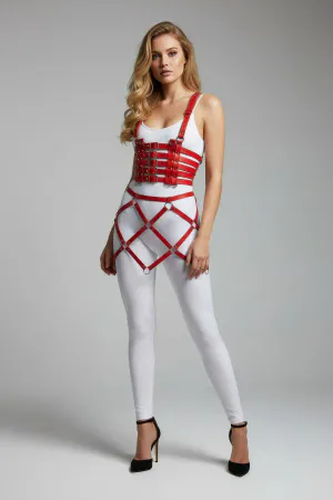 Red Skirt Leather Buckle Waist Corset - APFT785