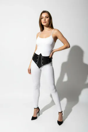 Black Women's Belt Studded Detailed Thick High Waist - APFT905