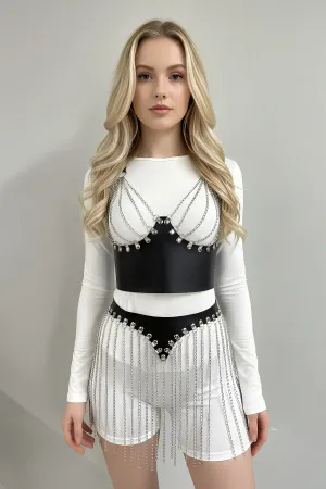 Silver Skirt Chain Detailed Skirt Tasseled Mini Skirt Party Dress - APFT994